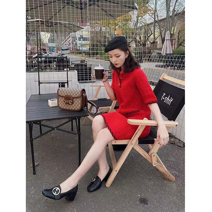 G*u*i women gg cable stitch wool dress red polo collar short sleeves