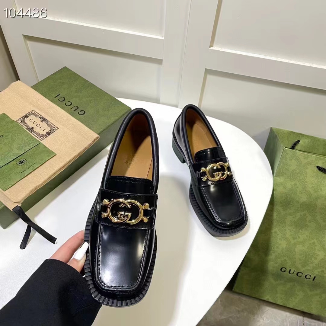 G*u*i women gg loafer interlocking g shiny black leather low 2.5 cm heel