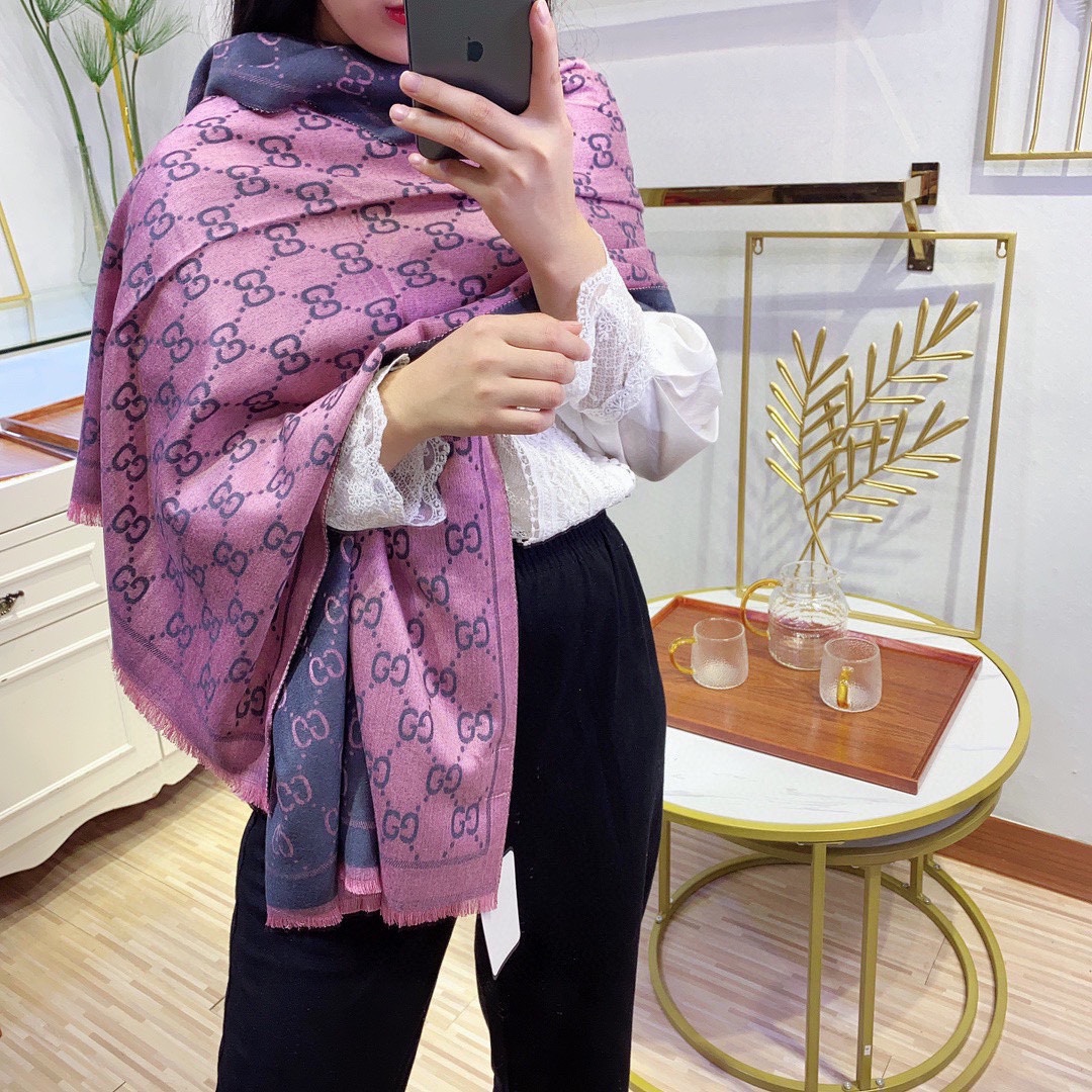 G*u*i women gg wool scarf graphite pink gg fringe edges