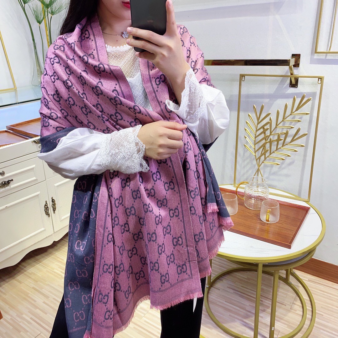 G*u*i women gg wool scarf graphite pink gg fringe edges