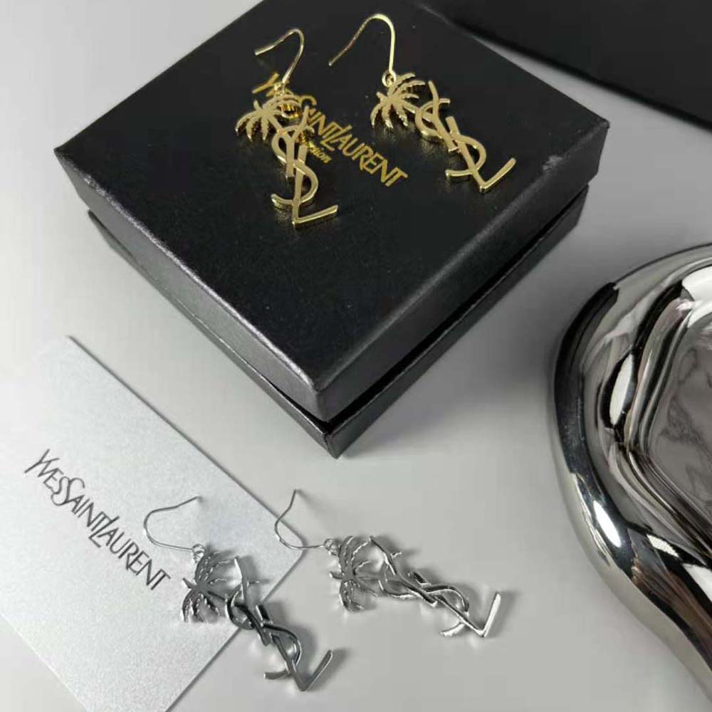 Saint Laurent YSL Women Monogram Palm Earrings in Metal-Silver