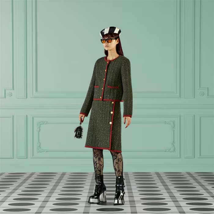 G*u*i women gg cable knit wool jacket dark green cable knit wool green red stripe