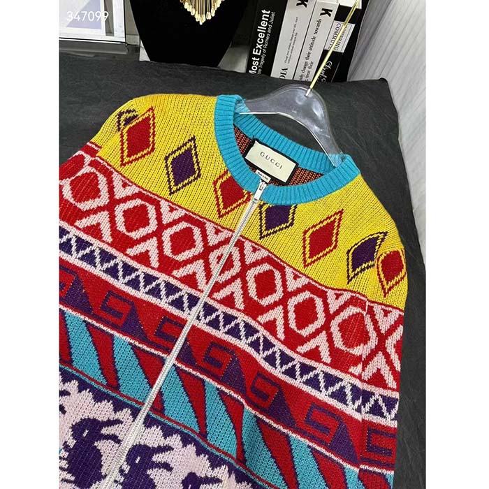 G*u*i men gg wool jacquard zip jacket multicolor geometric motif wool bunny label