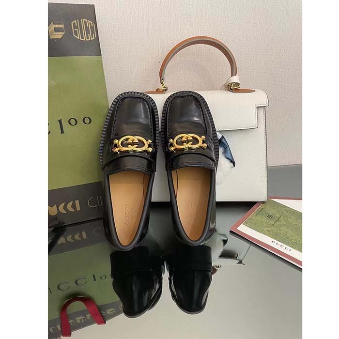G*u*i unisex gg loafer interlocking g shiny black leather studs rubber low heel