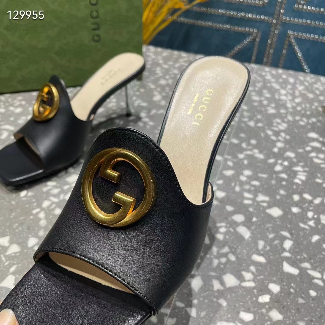 G*u*i women gg blondie slide sandal black leather metallic mid heel 6.6 cm heel