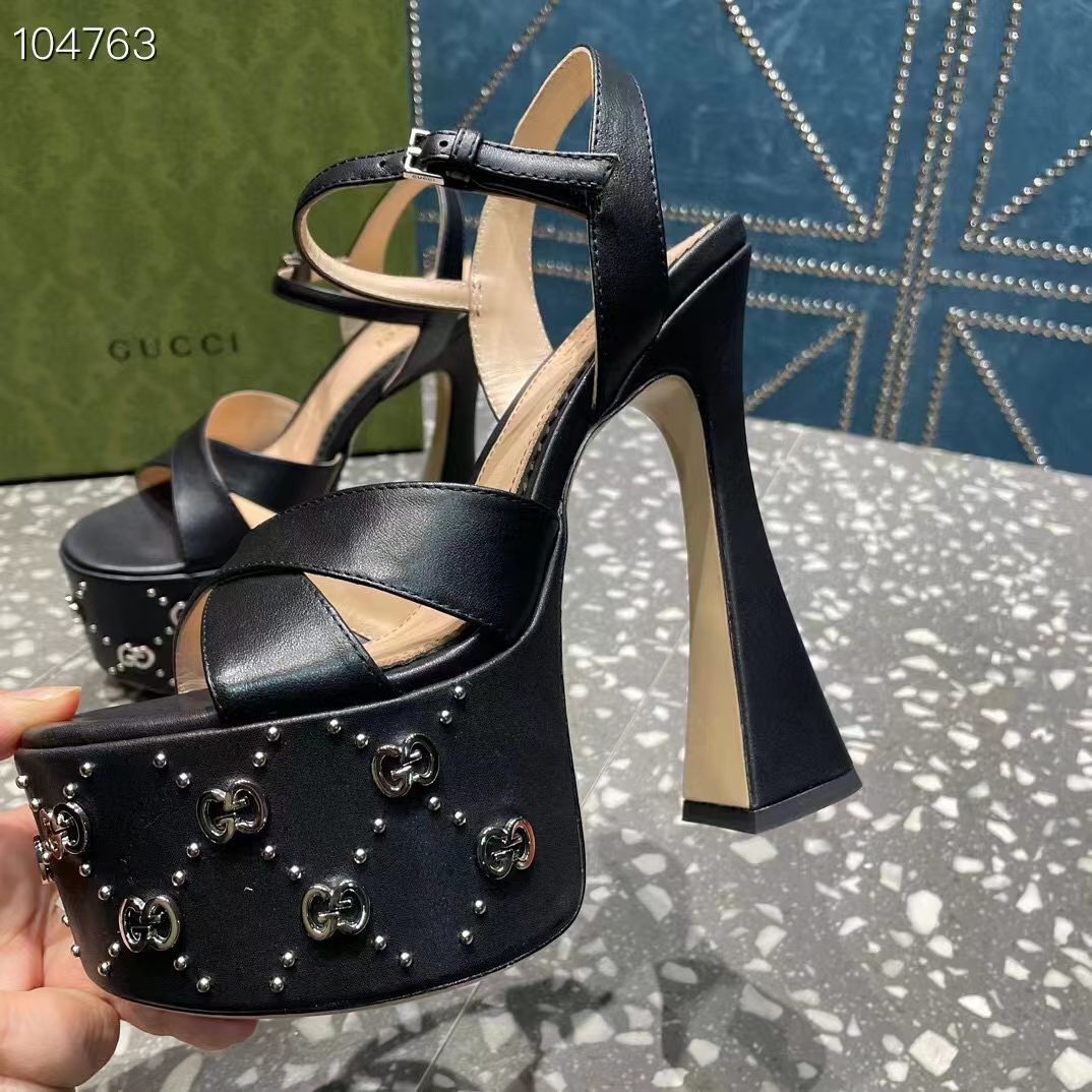 G*u*i women gg interlocking g studs sandal black leather spool high 15 cm heel
