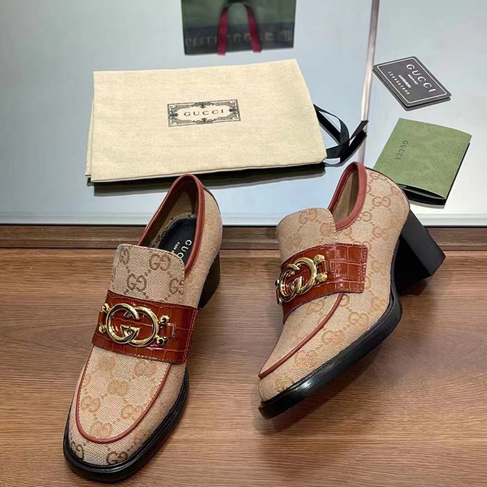 G*u*i women loafer interlocking g beige ebony original gg canvas mid 5 cm heel