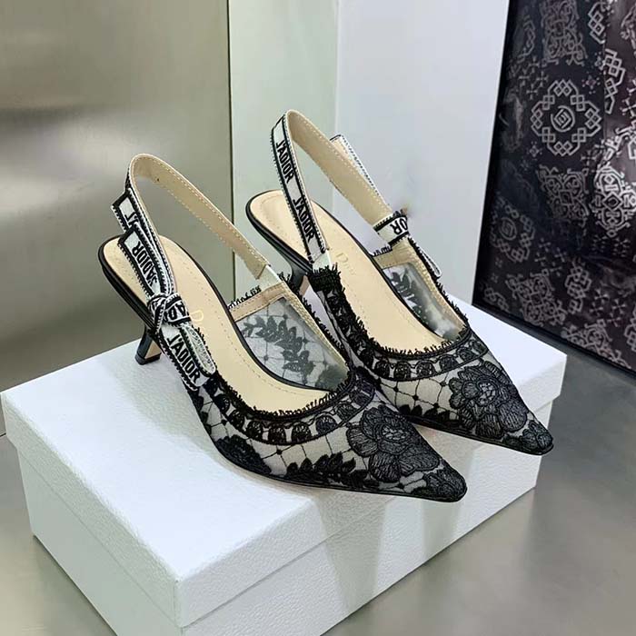 Dior Women Shoes J’Adior Slingback Pump Black Transparent Mesh Embroidered Roses