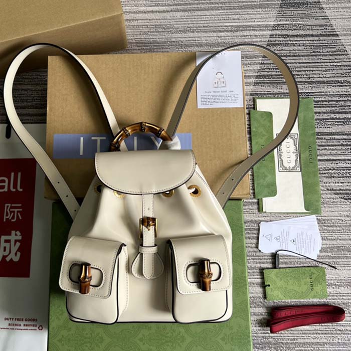 G*u*i unisex gg bamboo small backpack white leather bamboo handle
