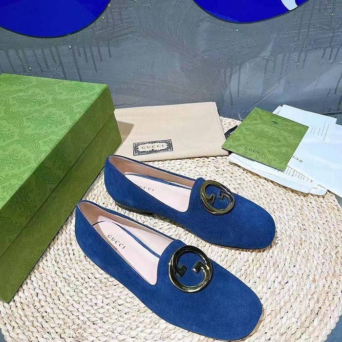 G*u*i women gg blonde ballet flat deep blue suede round interlocking g leather flat