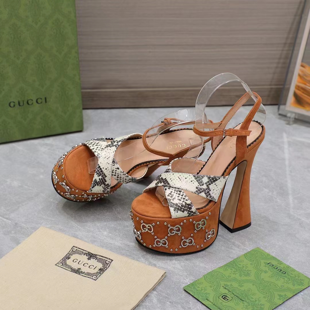 G*u*i women gg interlocking g studs sandal python print leather camel suede 15 cm heel