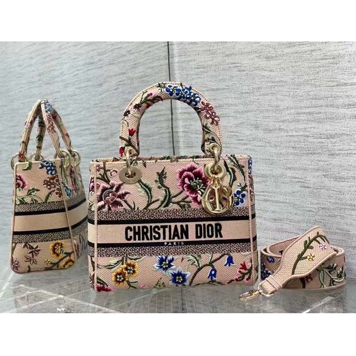 Dior Women CD Medium Lady D-Lite Bag Multicolor Raffia Embroidered Petites Fleurs