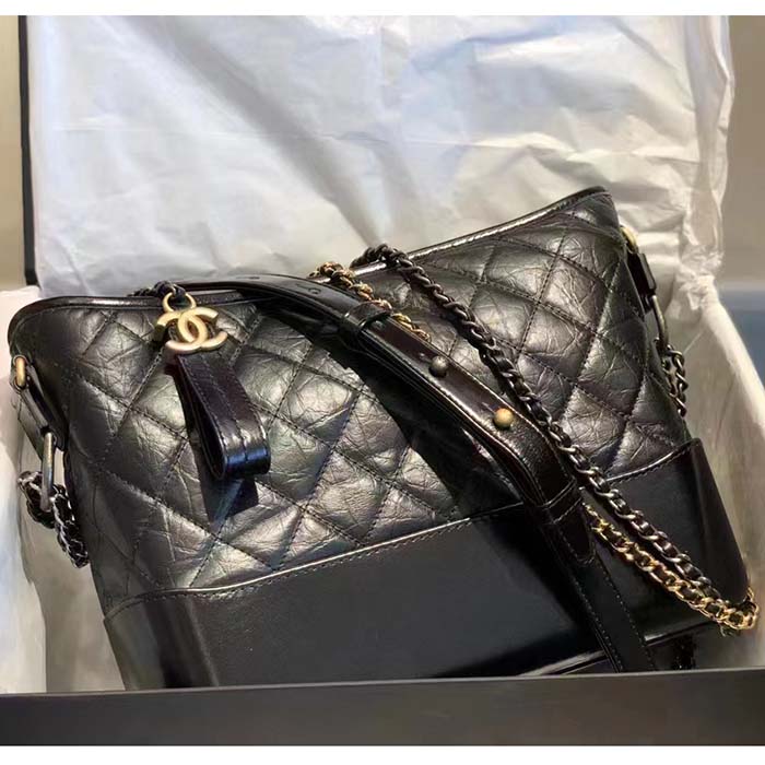 Chanel CC Gabrielle Hobo Medium Bag Black Goatskin Gold Silver-Tone Metal