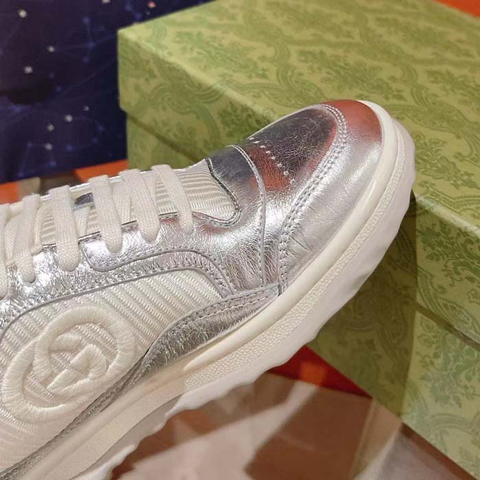 G*u*i unisex gg mac80 sneaker metallic silver leather fabric round toe rubber flat