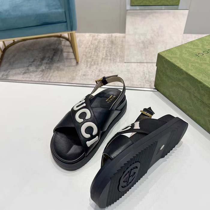 G*u*i unisex gg sandal black white leather script rubber buckle flat