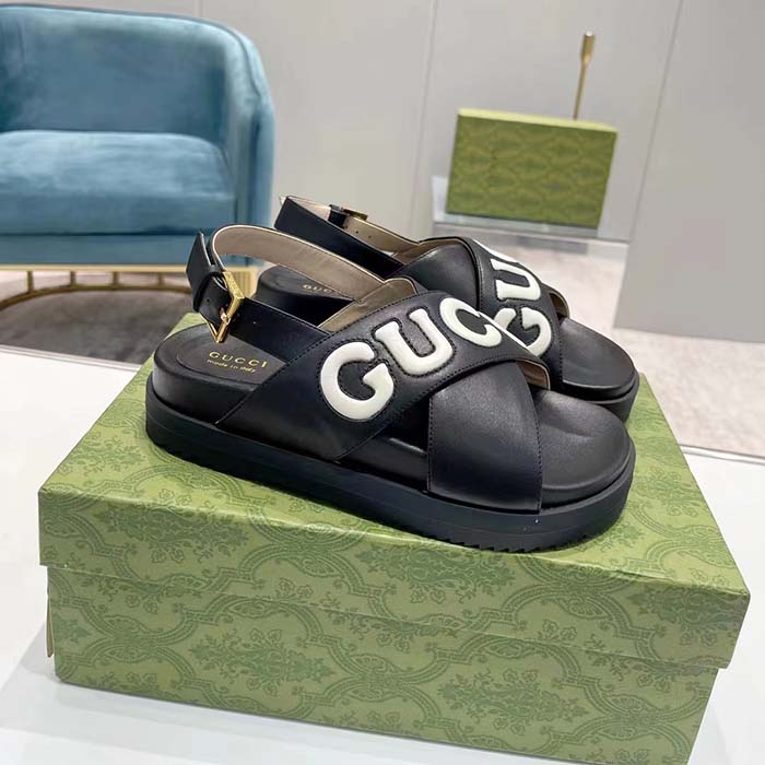 G*u*i unisex gg sandal black white leather script rubber buckle flat