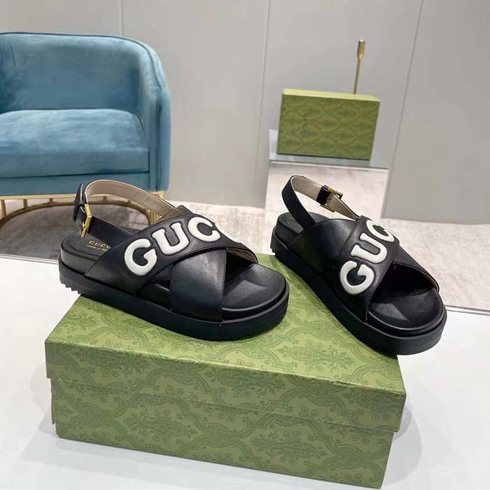 G*u*i unisex gg sandal black white leather script rubber buckle flat