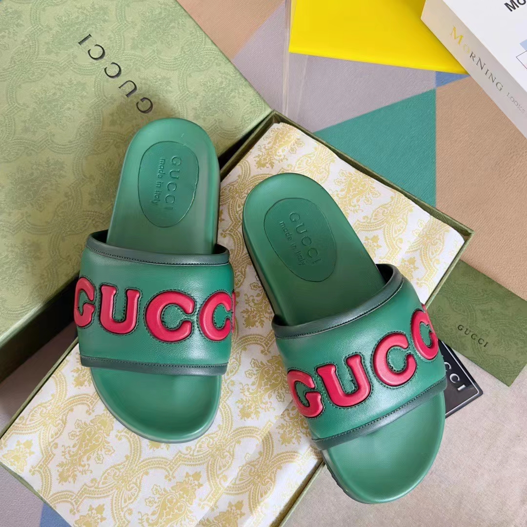 G*u*i unisex gg slide sandal green red leather script rubber flat 1 cm heel
