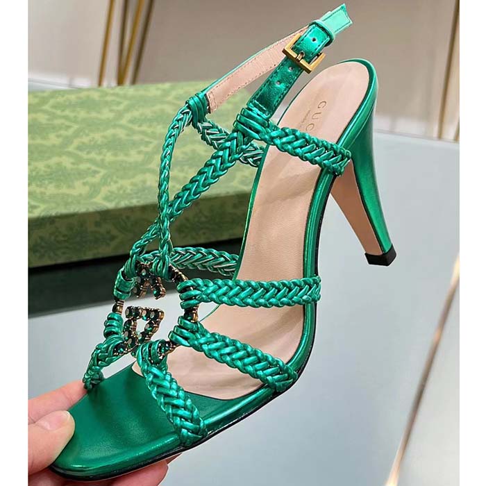 G*u*i women crystal interlocking g sandal green metallic braided leather high heel