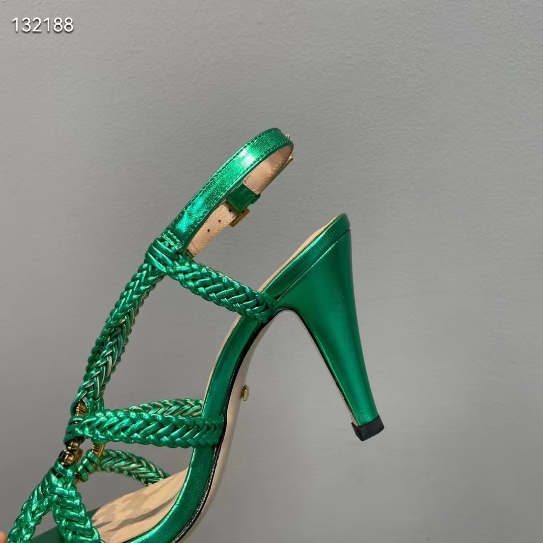 G*u*i women gg cystal interlocking g sandal green metallic braided high 9 cm heel