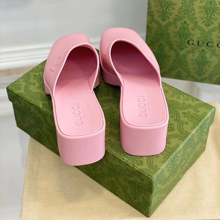 G*u*i women gg slip-on sandal pink rubber embossed logo square toe chevron