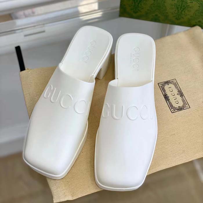 G*u*i women gg slip-on sandal white rubber embossed logo square toe chevron