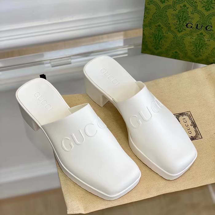 G*u*i women gg slip-on sandal white rubber embossed logo square toe chevron