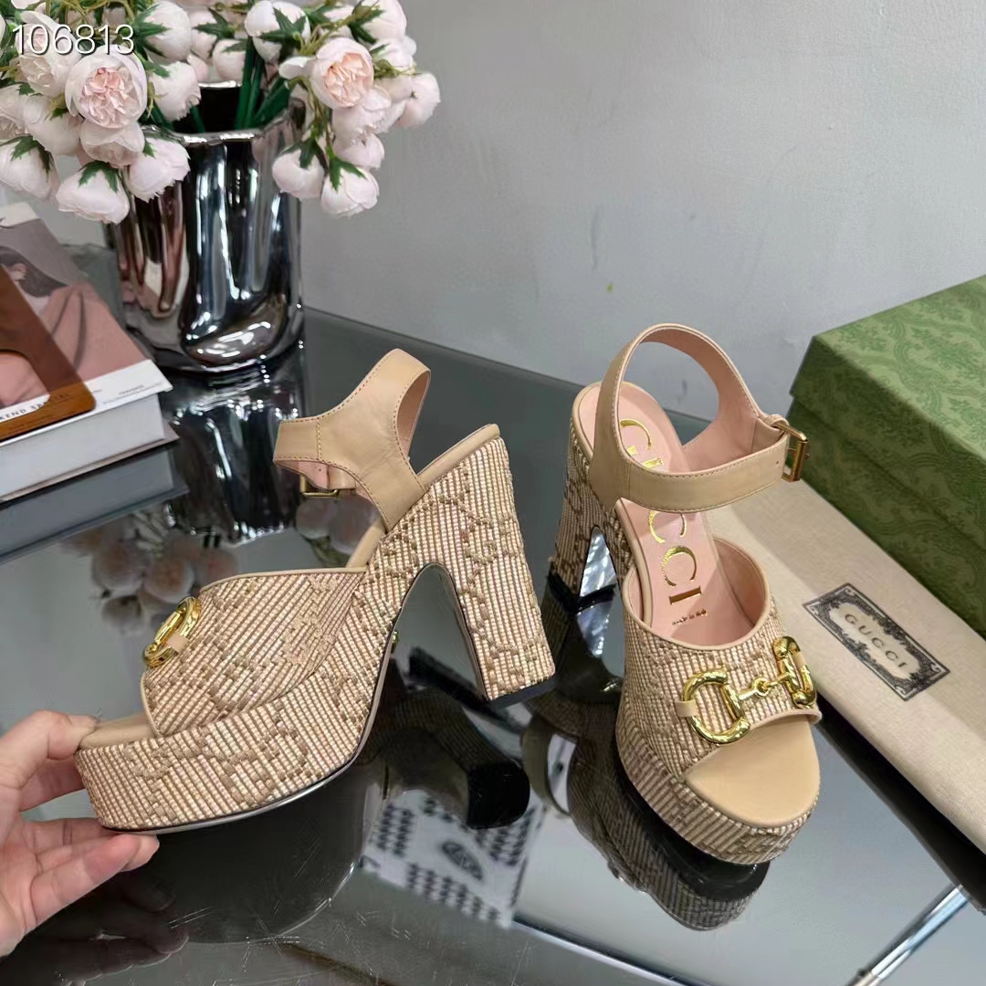 G*u*i women horsebit platform sandal natural gg raffia high 12 cm heel