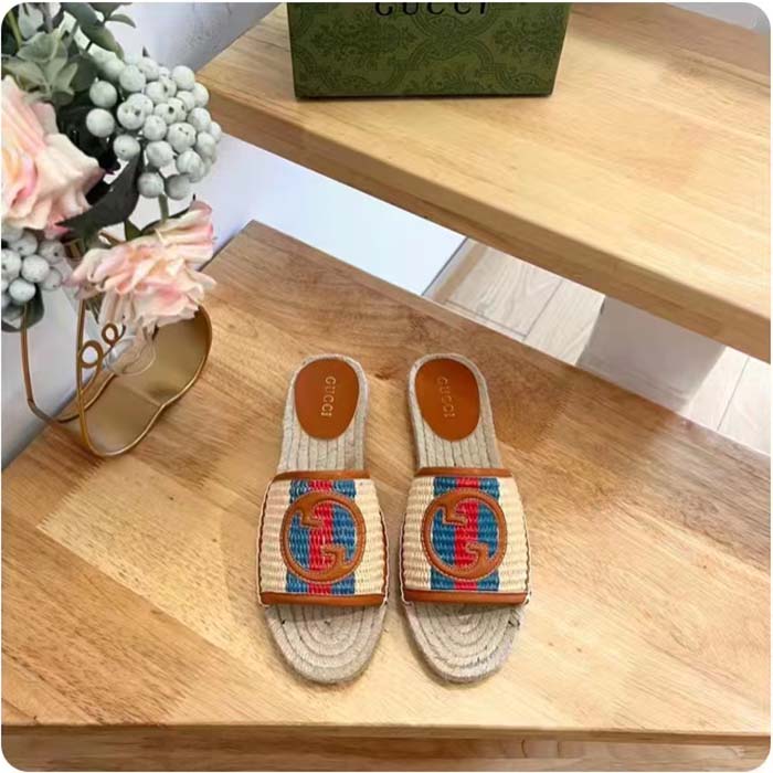 G*u*i unisex gg interlocking g espadrille natural raffia leather round flat sandal