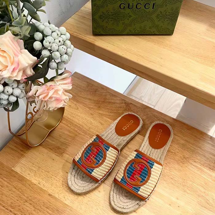 G*u*i unisex gg interlocking g espadrille natural raffia leather round flat sandal