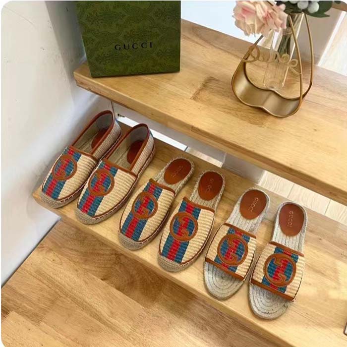 G*u*i unisex gg interlocking g espadrilles natural raffia brown leather round toe flat