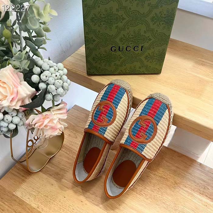 G*u*i unisex gg interlocking g espadrilles natural raffia brown leather round toe flat