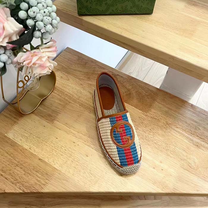 G*u*i unisex gg interlocking g espadrilles natural raffia brown leather round toe flat