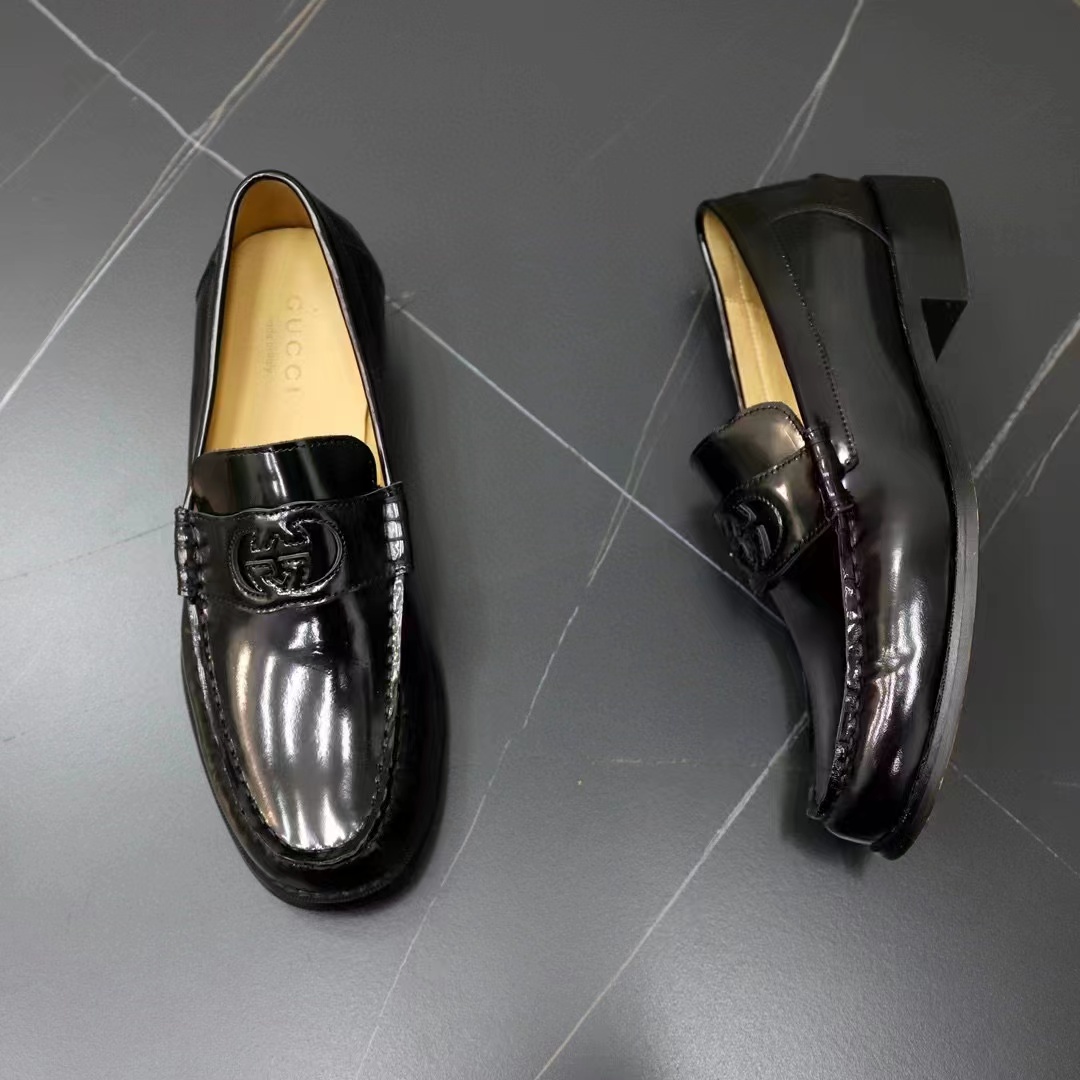 G*u*i unisex gg interlocking g loafer black leather flat 1.5 cm heel