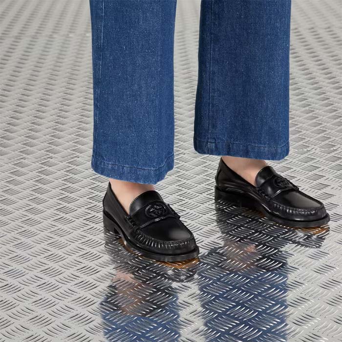 G*u*i unisex gg interlocking g loafer black leather flat 1.5 cm heel
