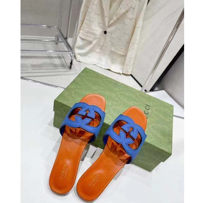 G*u*i unisex interlocking g cut-out slide sandal blue orange suede flat
