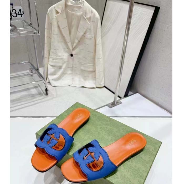 G*u*i unisex interlocking g cut-out slide sandal blue orange suede flat