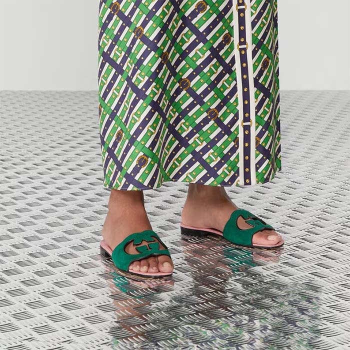 G*u*i unisex interlocking g cut-out slide sandal green pink suede flat