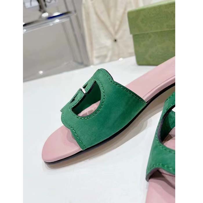 G*u*i unisex interlocking g cut-out slide sandal green pink suede flat