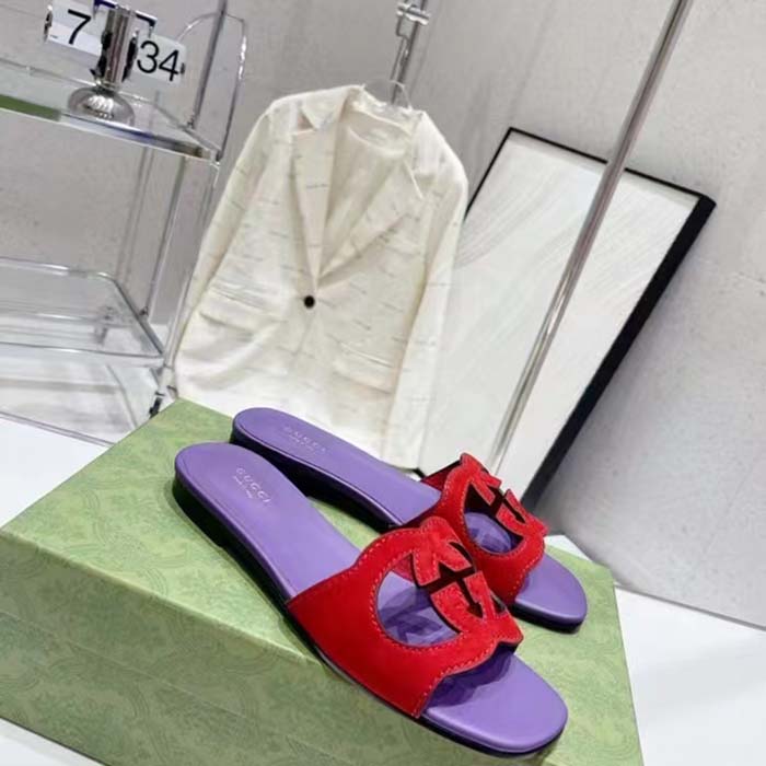 G*u*i unisex interlocking g cut-out slide sandal red purple suede flat