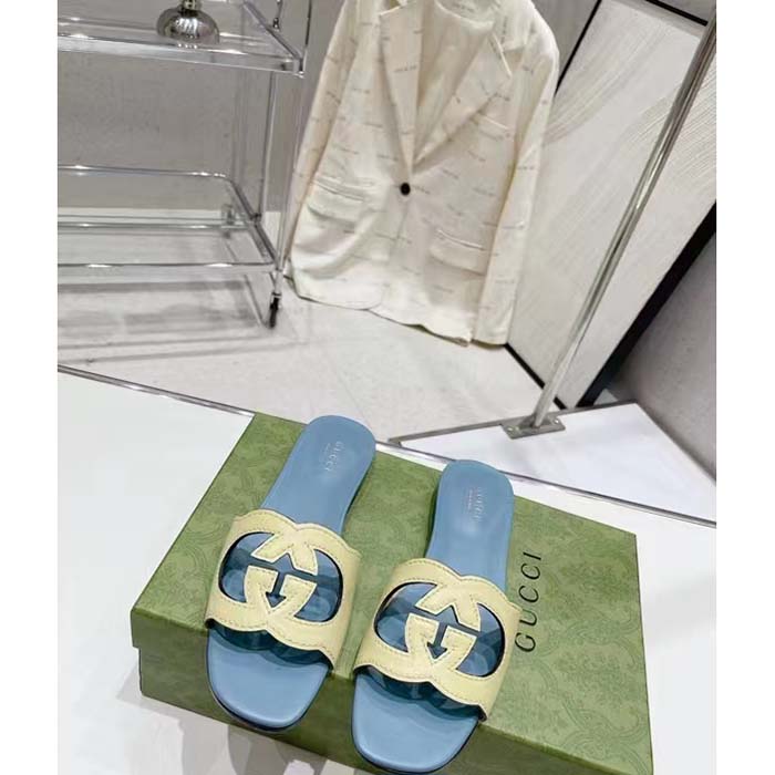 G*u*i unisex interlocking g cut-out slide sandal yellow light blue suede flat