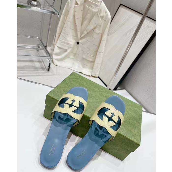 G*u*i unisex interlocking g cut-out slide sandal yellow light blue suede flat