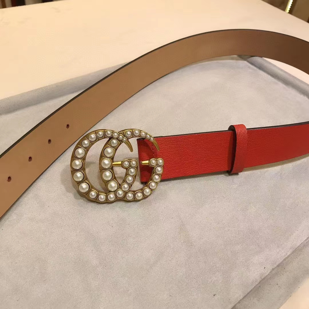 G*u*i unisex leather belt pearl double g red 3.8 cm width
