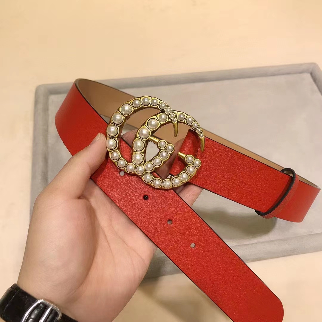 G*u*i unisex leather belt pearl double g red 3.8 cm width