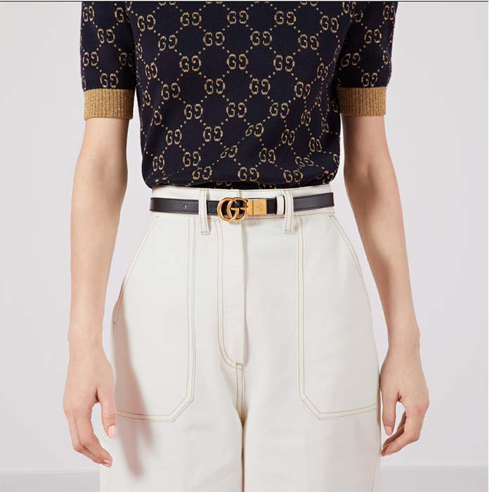 G*u*i unisex marmont reversible thin belt black leather double g buckle
