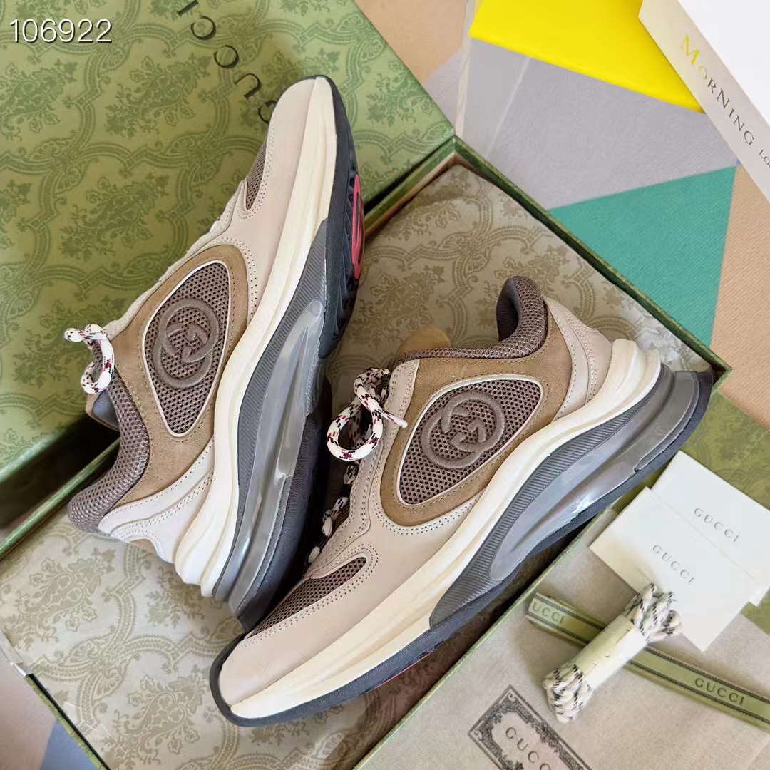 G*u*i unisex run sneaker grey brown suede interlocking g bi-color rubbe low heel