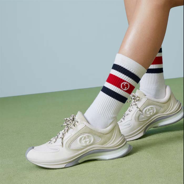 G*u*i unisex run sneaker white suede interlocking g bi-color rubbe low heel