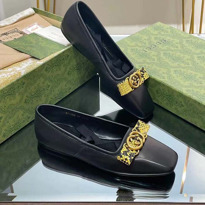 G*u*i women gg interlocking g ballet flat black leather python print leather bow