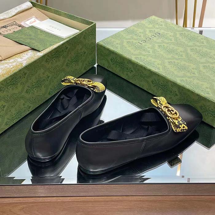 G*u*i women gg interlocking g ballet flat black leather python print leather bow