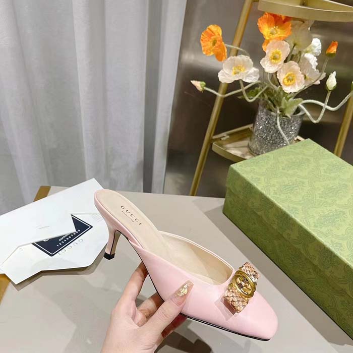 G*u*i women gg interlocking g mule pink leather square toe leather mid-heel